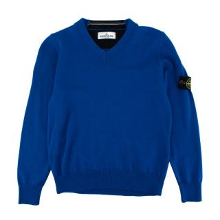 Stone Island Junior Blue Wool V-Neck Logo-Patch Knit Sweater