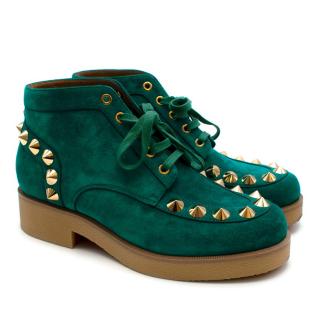Christian Louboutin Aquamarine Suede Studded Lace Up Boots