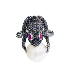 Ferini Jewels Black Diamond, Ruby & Pearl Frog Ring