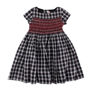 Bonpoint Navy & Red Cotton Check Smock Detail Dress