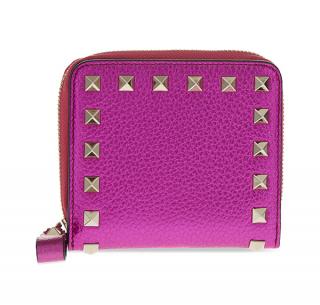 Valentino Metallic Pink Grained Leather Rockstud Compact Wallet