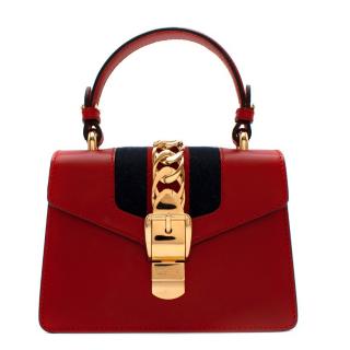 Gucci Sylvie Mini Red Smooth Leather Top Handle Bag