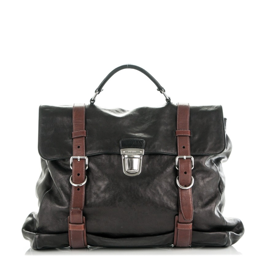 Prada Black Glace Leather Folding Soft Briefcase