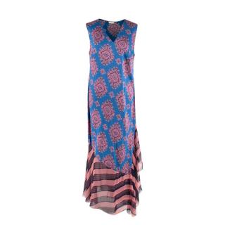 Dries Van Noten Pixelated Paisley Print Contrast Hem Silk Midi Dress