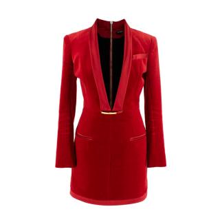Balmain Red Deep V-neck Velvet Mini Dress