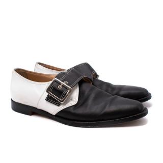 Manolo Blahnik White & Black Leather Buckled Slip-On Shoes