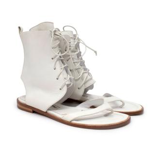 Manolo Blahnik White Lace Up Cut-Out Flat Sandals