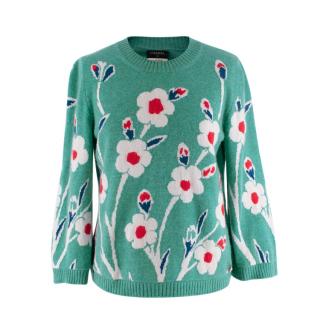 Chanel Green Floral Intarsia Cashmere Sweater 