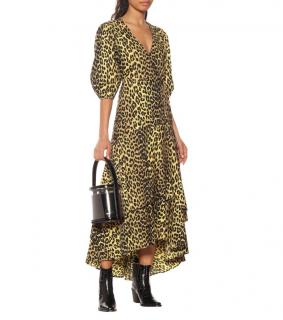  Ganni Leopard Printed Cotton Yellow Wrap Dress