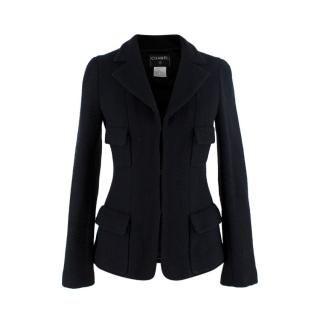 Chanel Black Wool Fitted Herringbone Tailored Jacket