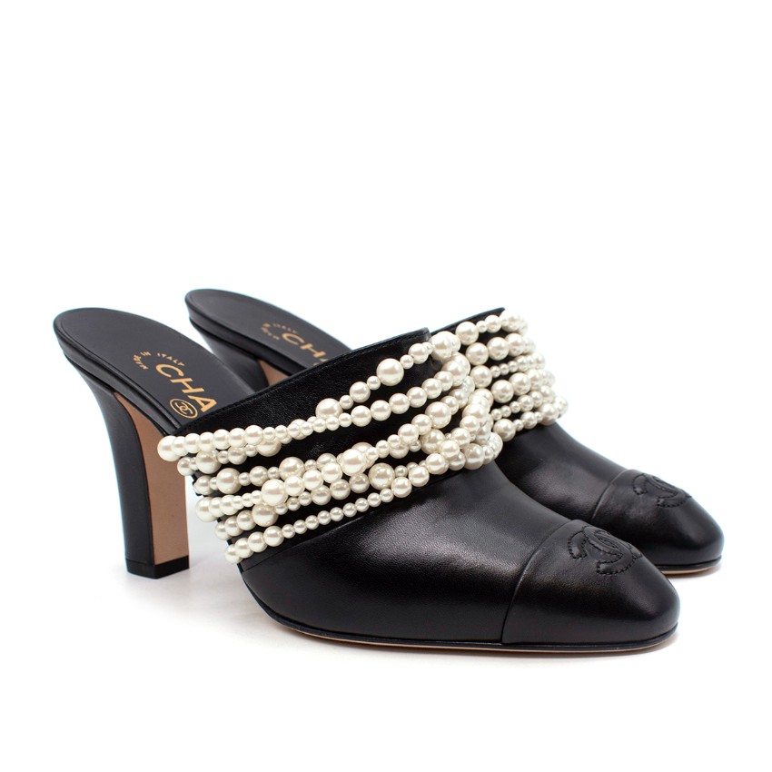 Chanel Pearl Strands Black Leather CC Logo Toe-Cap Heeled Mules