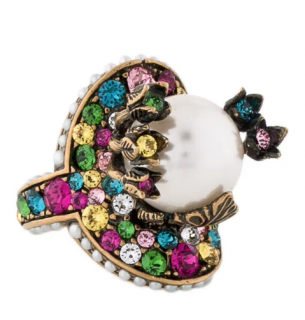 Gucci Pearl Multicolour Crystal Flower Ring - Size 13