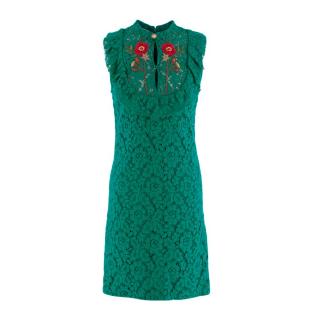 Gucci Teal Lace Floral Embroidered Shift Dress