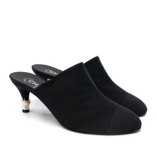 Chanel Black Suede Grosgrain Toe-Cap Pearl Embellished Heel Mules