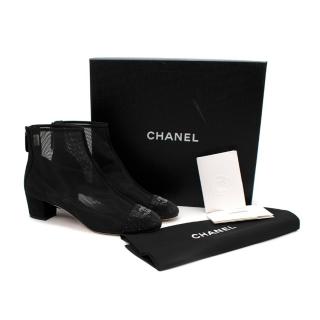 Chanel Black Mesh Rhinestone Toe-Cap CC Low Heeled Ankle Boot