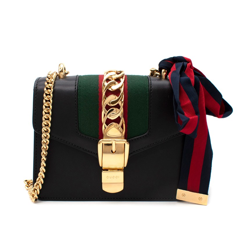 Gucci Sylvie Mini Black Leather Web Chain Shoulder Bag