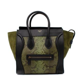 Celine Mini Luggage Black Leather & Green Python Tote Bag