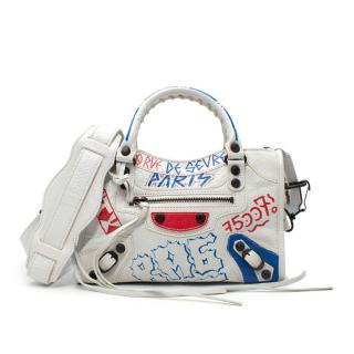 Balenciaga Mini City Paris Graffiti Crinkle Leather Shoulder Bag