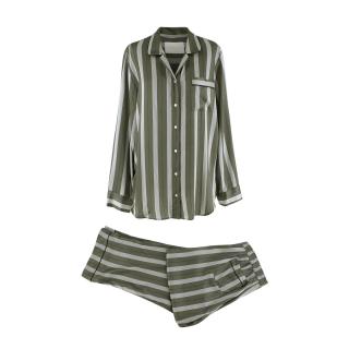 Asceno Olive Green Stripped Silk Pyjama Shirt & Trousers Set