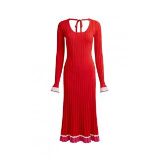 Prabal Gurung Red Pleated Ribbed Knit Midi Dress