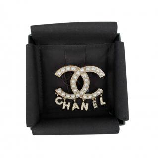 Chanel Faux Pearl Embellished CC Crystal Letters Pin Brooch