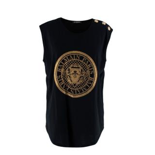 Balmain Black Sleeveless Gold Foil Coin Logo T-shirt