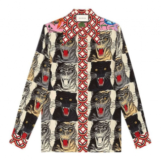 Gucci Angry Cat Print Silk Geometric Detail Blouse