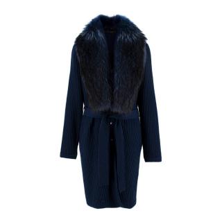  Versace Navy Wool Ribbed Knit Raccoon Collar Belted Cardigan