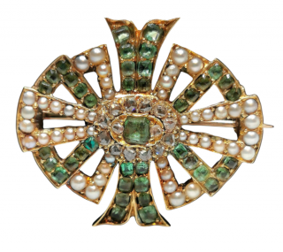 Bespoke 18ct Yellow Gold Diamond, Emerald & Pearl Georgian Brooch