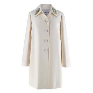 Valentino Ivory Wool Twill Crystal Embellished Collar Dress Coat