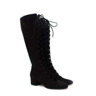Gianvito Rossi Black Suede Lace Front Block Heeled Knee Boots