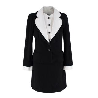 Chanel Black Wool Crepe Removable White Collar Jacket & Skirt Suit Set
