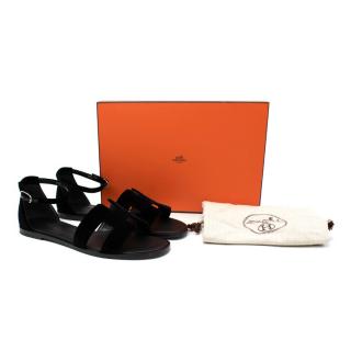 Hermes Santorini Black Velour Ankle Strap Flat Sandal