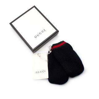 Gucci Kids Navy Cashmere Mittens with Web Stripe