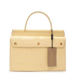 Burberry Glossy Pale Yellow Embossed Croc Leather Top Handle Bag