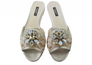 Dolce & Gabbana Crystal Embellished Silver Lace Slides