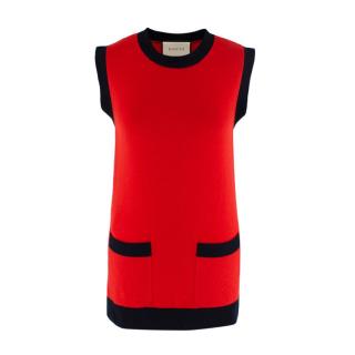 Gucci Red & Navy Knitted Wool & Cashmere Sleeveless Top