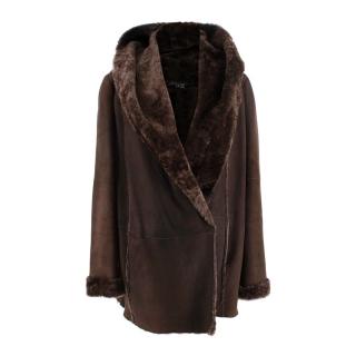 Vince Chocolate Brown Hooded Shearling Coat
