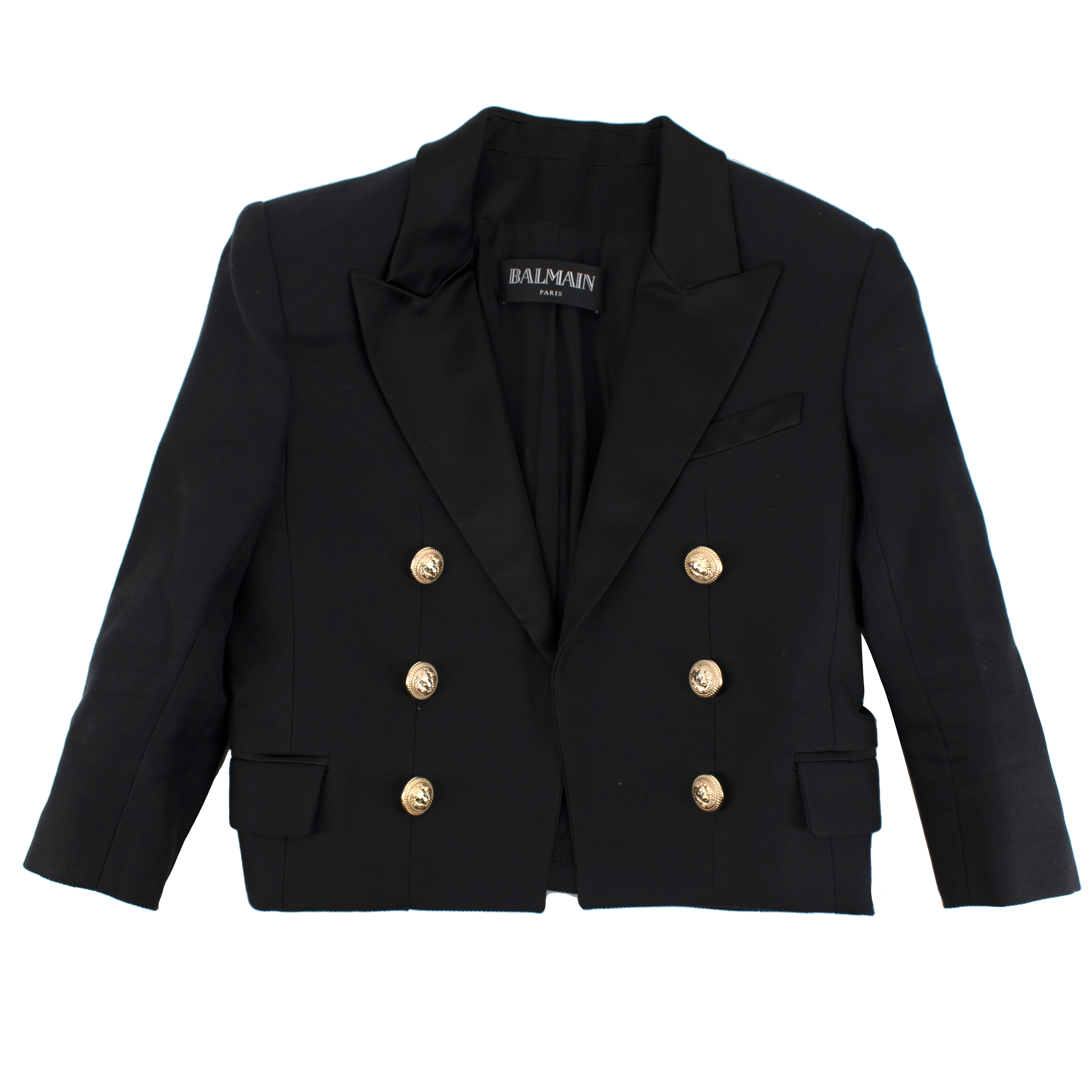 Balmain Black Wool Cropped 6 Gold-Tone Button Croupier Jacket