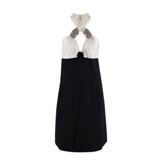 Chanel Black & Ivory Crystal Embellished Crossover Halterneck Dress