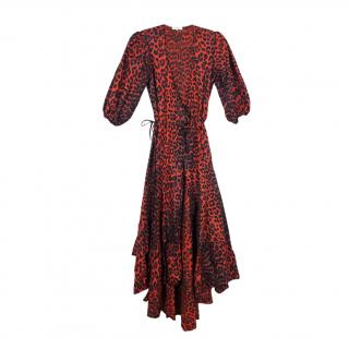 Ganni Red Leopars Print Cotton Poplin Bijou Dress