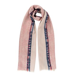 Christian Dior Beige & Pastel Pink Wool Blend Fringed Scarf