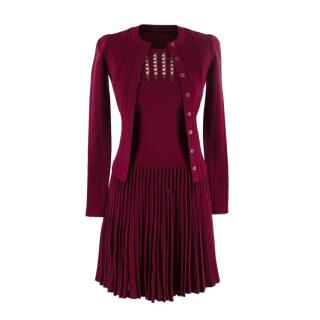 Alaia Burgundy Wool Knitted Dress And Cardigan