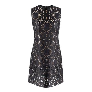 Versace Black Leather Laser-Cut Eyelet Embellished Dress