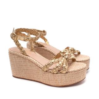 Gianvito Rossi Gold Braided Leather Wedge Sandals