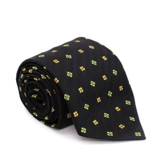 A Picci Green & Yellow Motif Black Silk Twill Tie