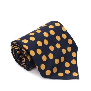 Yves Saint Laurent Vintage Navy Blue Orange Polka Dot Silk Twill Tie