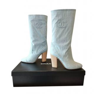 Chanel Light Wash Denim CC Embroidered Tall Boots