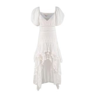 LoveShackFancy Cayden White Silk Broderie Anglaise Puff Sleeve Dress