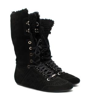 Christian Dior Black Suede Lace-Up Front Long Boots